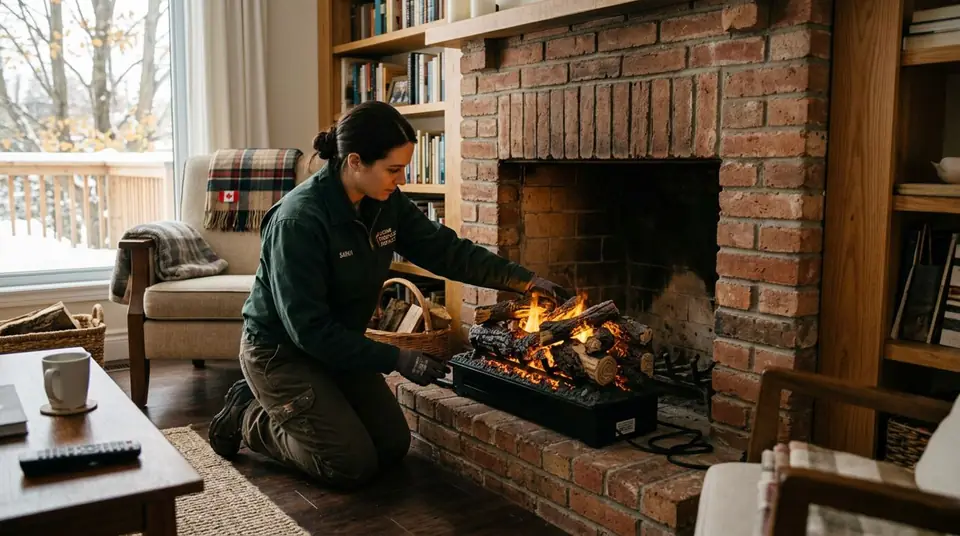 Technician performing electric fireplace logs at an Ontario home