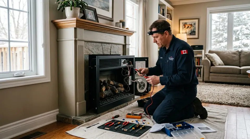 Technician performing electric fireplace repair at an Ontario home