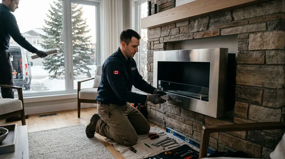 Technician performing ethanol fireplace repair and installation at an Ontario home