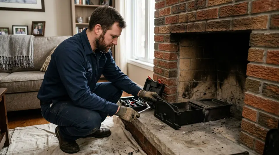Technician performing fireplace ashtray repair at an Ontario home
