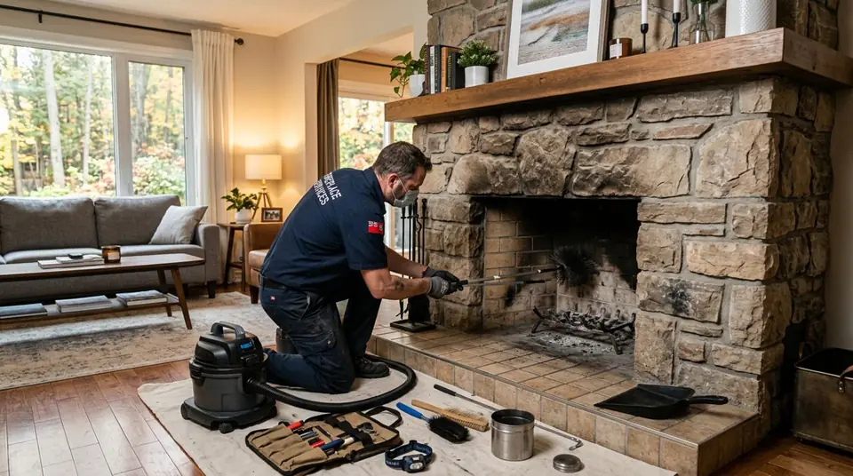 Technician performing fireplace cleaning at an Ontario home
