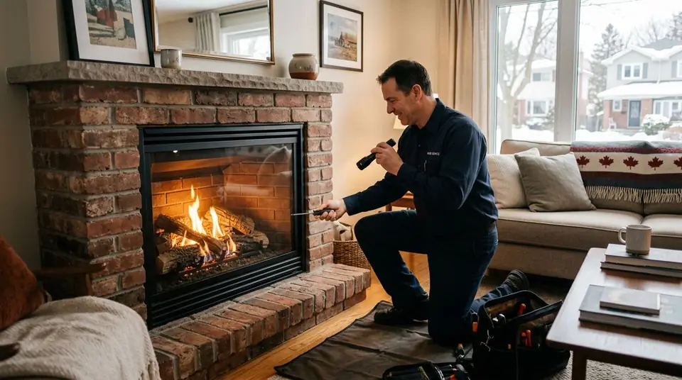 Technician performing fireplace company near me at an Ontario home
