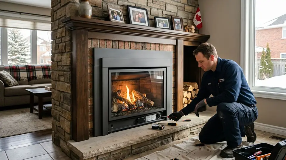 Technician performing fireplace contractors at an Ontario home