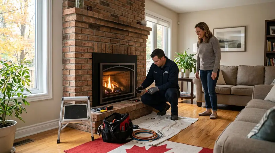 Technician performing fireplace conversion services at an Ontario home
