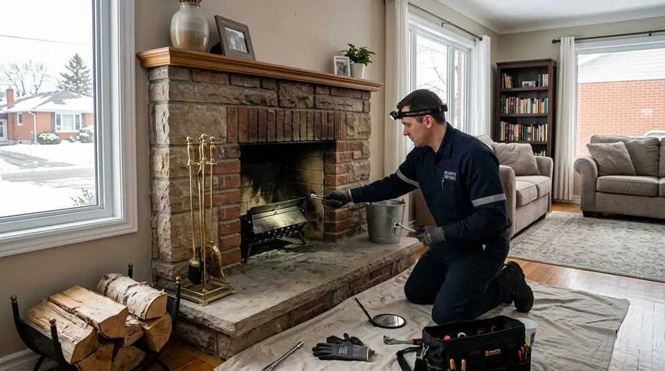 Technician performing fireplace damper services at an Ontario home