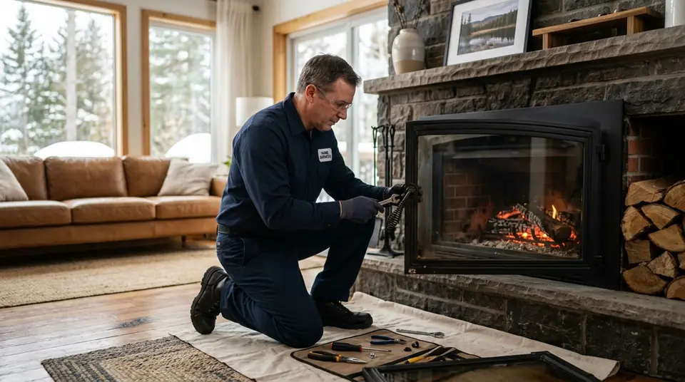 Technician performing fireplace door handle repair at an Ontario home