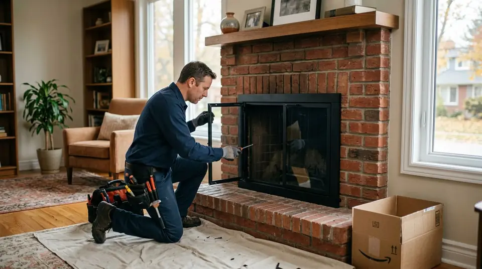 Technician performing fireplace door installation at an Ontario home
