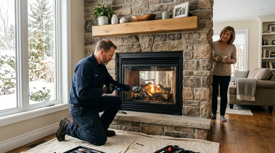 Technician performing fireplace experts at an Ontario home