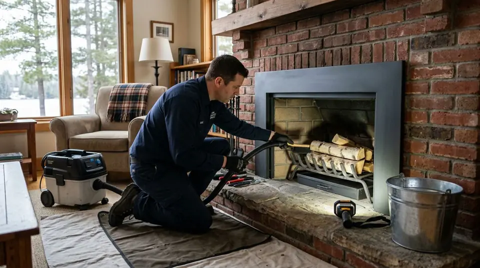 Technician performing fireplace firebox services at an Ontario home