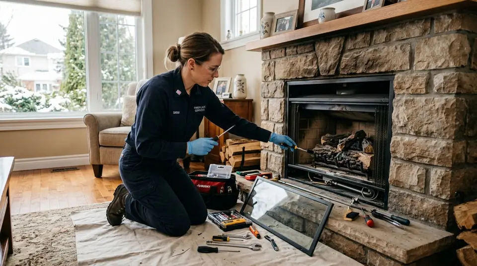 Technician performing fireplace fixing services at an Ontario home