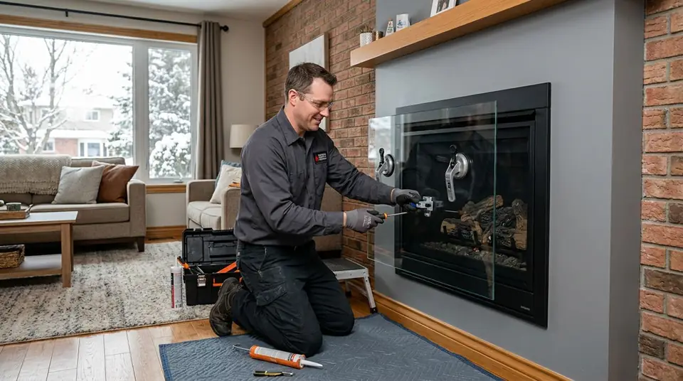 Technician performing fireplace glass installation at an Ontario home