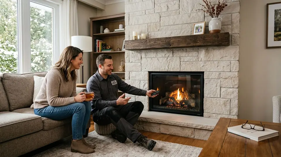 Technician performing fireplace ideas at an Ontario home