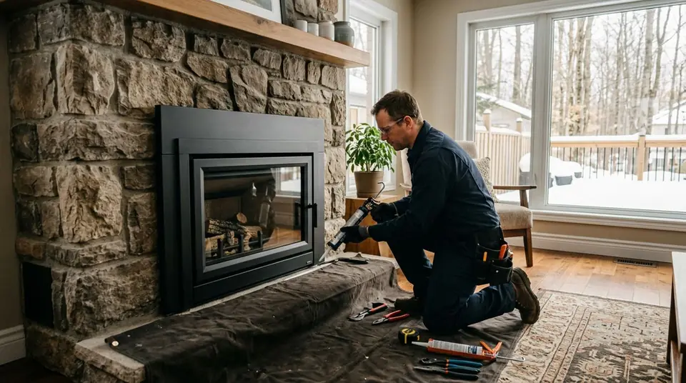 Technician performing fireplace insert installation at an Ontario home
