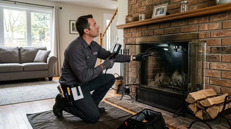 Technician performing fireplace inspection at an Ontario home