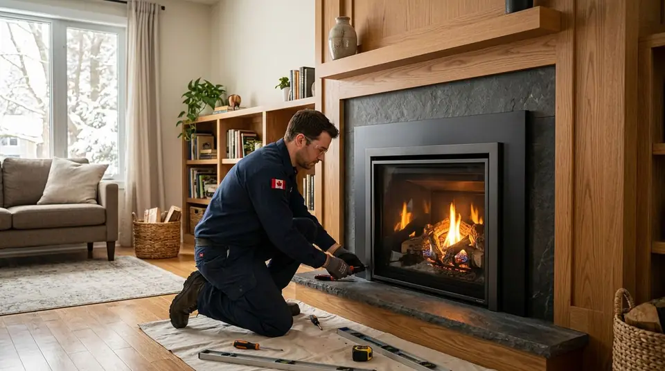 Technician performing fireplace installation at an Ontario home