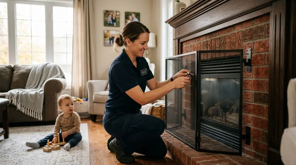 Technician performing fireplace kidsproofing services at an Ontario home