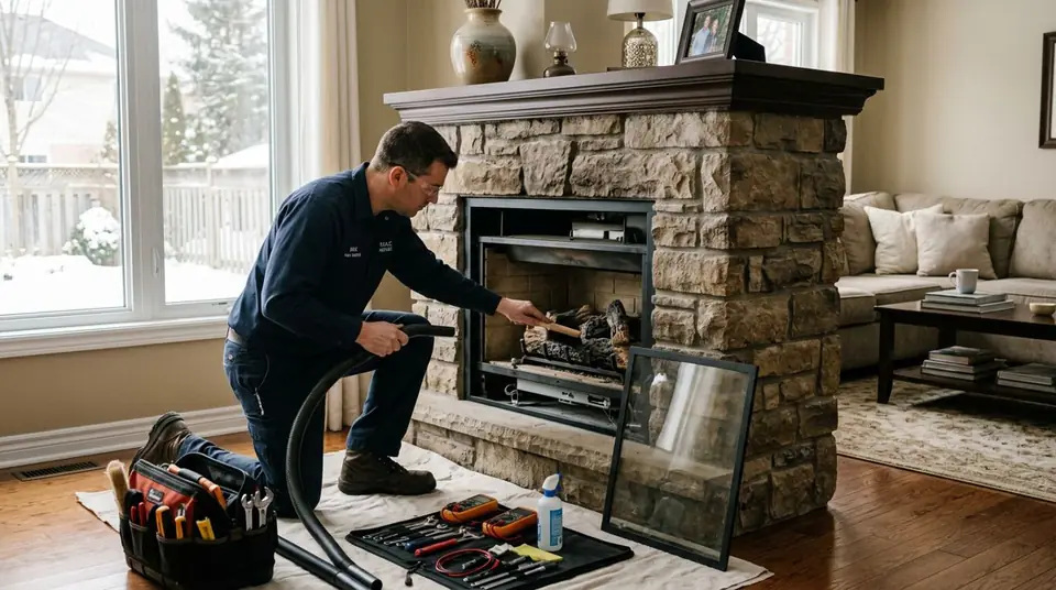 Technician performing fireplace maintenance at an Ontario home