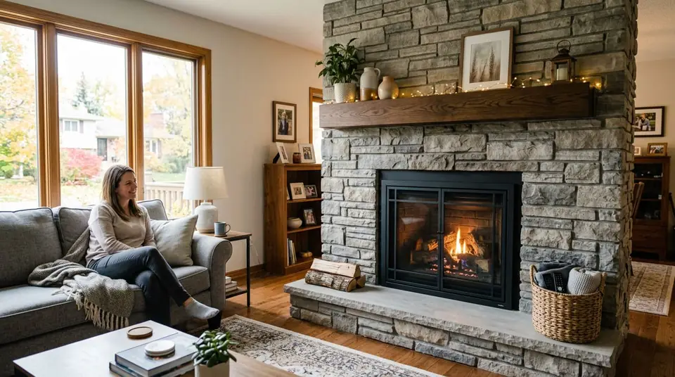 Technician performing fireplace makeover services at an Ontario home
