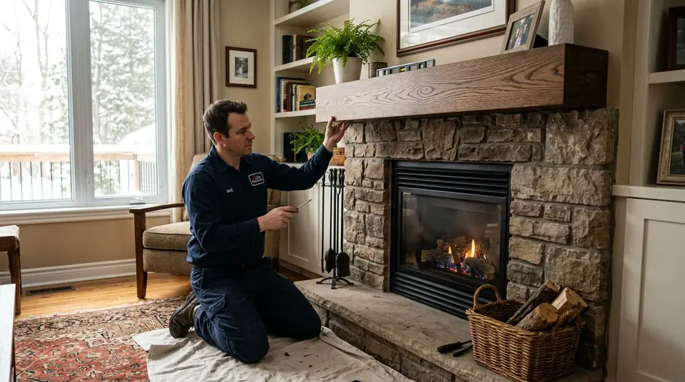 Technician performing fireplace mantel services at an Ontario home