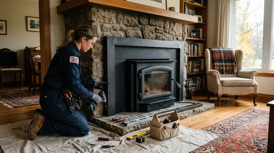 Technician performing fireplace metal services at an Ontario home