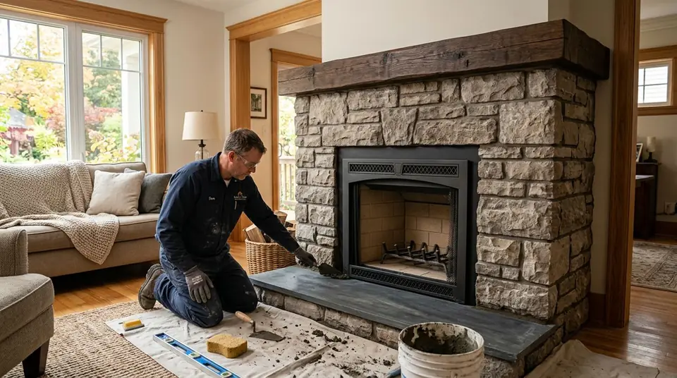 Technician performing fireplace rebuild at an Ontario home
