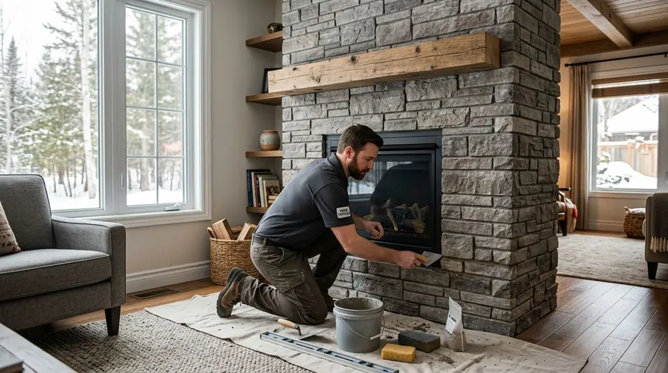 Technician performing fireplace refacing at an Ontario home