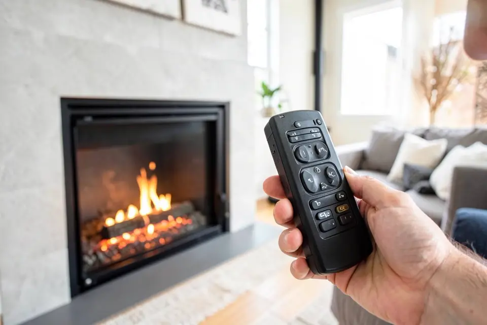 Technician performing fireplace remote control repair at an Ontario home