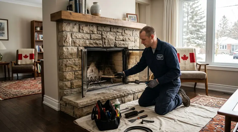 Technician performing fireplace repair at an Ontario home