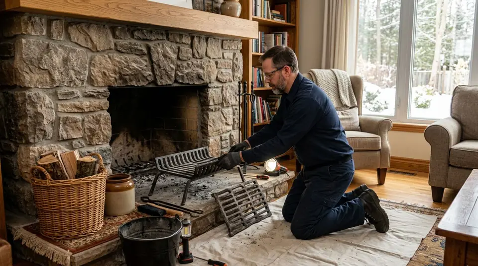 Technician performing fireplace repair and replacement grate services at an Ontario home
