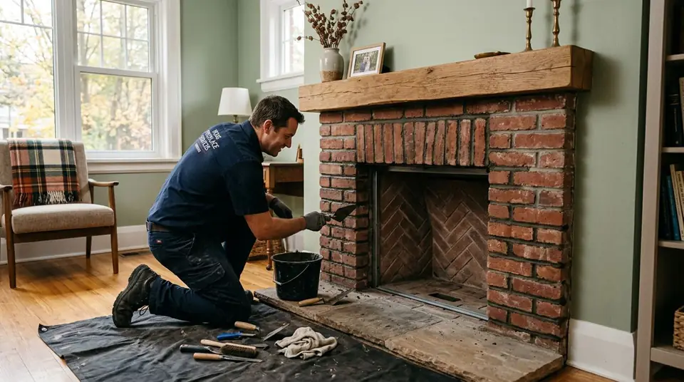 Technician performing fireplace restoration at an Ontario home