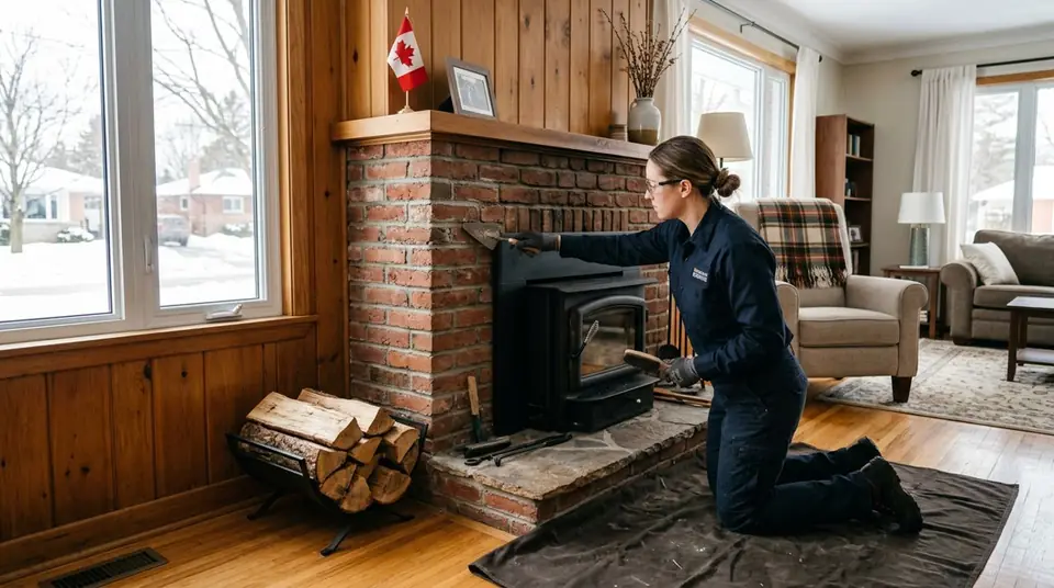 Technician performing fireplace restore at an Ontario home