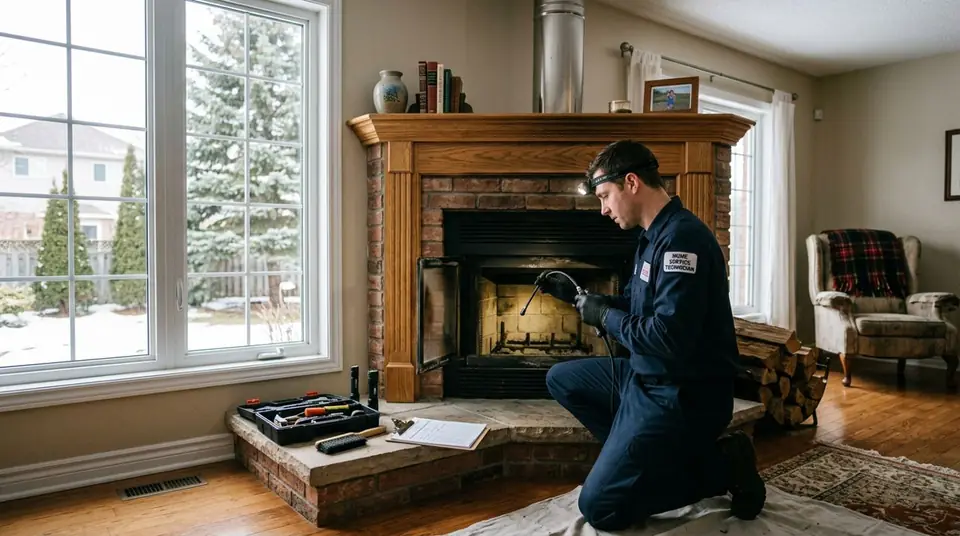 Technician performing fireplace safety inspection at an Ontario home