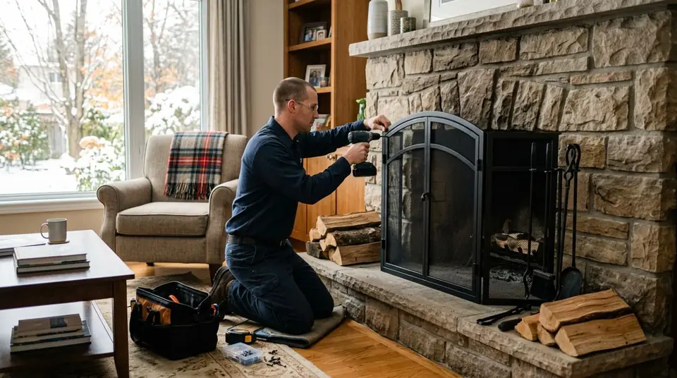 Technician performing fireplace screen installation at an Ontario home