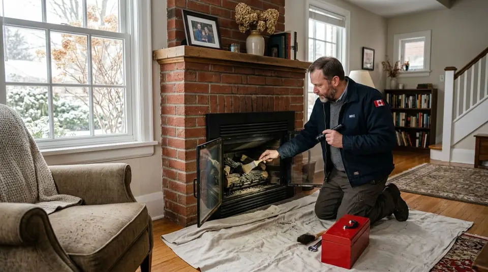 Technician performing fireplace service company at an Ontario home