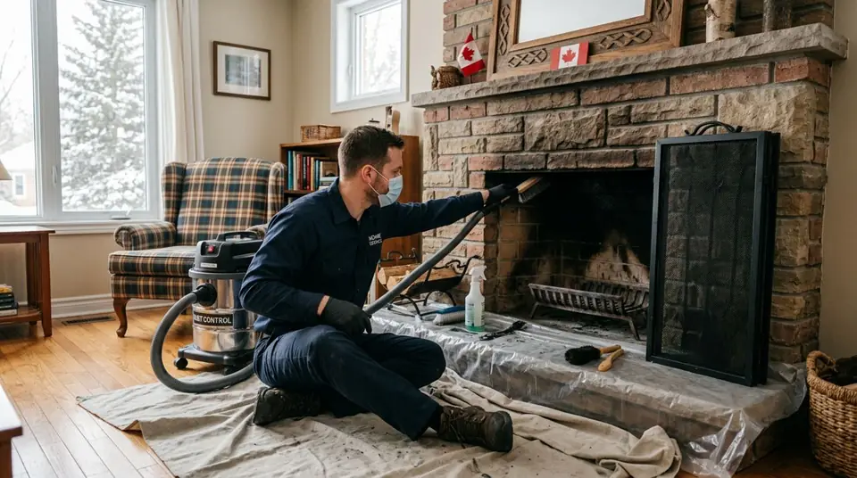 Technician performing fireplace smell removal at an Ontario home