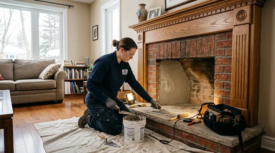 Technician performing fireplace smoke chamber repair at an Ontario home