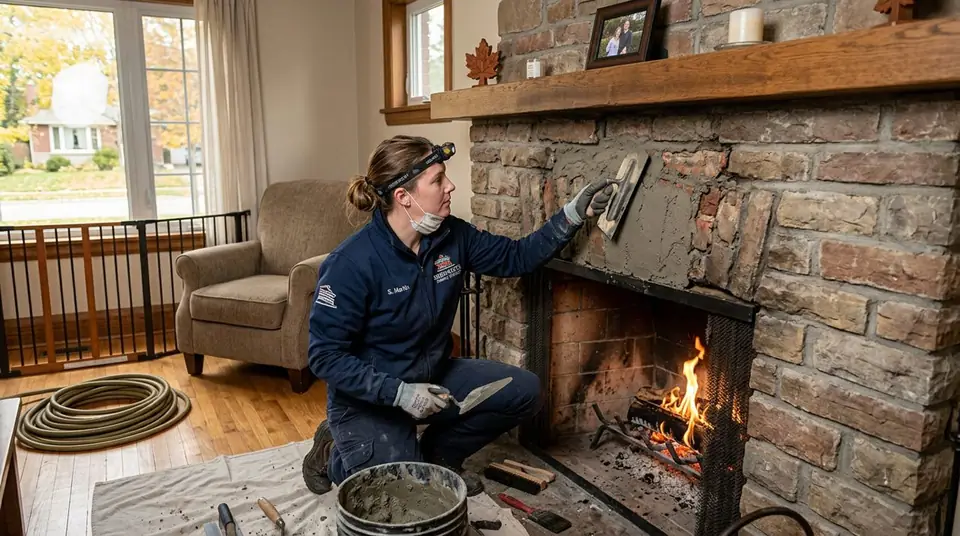 Technician performing fireplace smoke shaft repair at an Ontario home