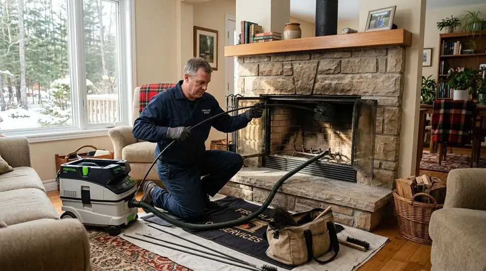 Technician performing fireplace sweep at an Ontario home
