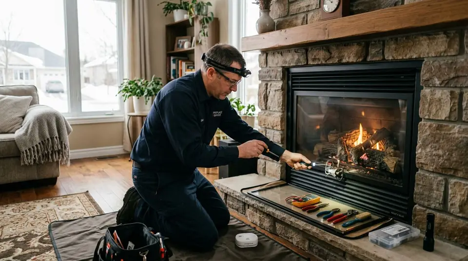 Technician performing fireplace technician at an Ontario home