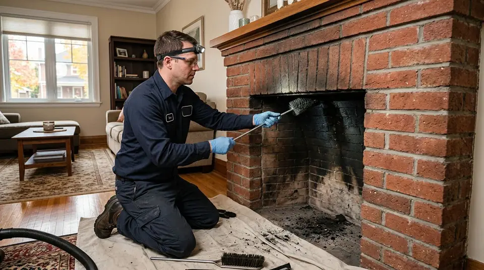Technician performing fireplace throat services at an Ontario home