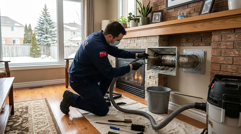 Technician performing fireplace vent cleaning at an Ontario home