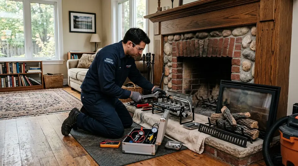 Technician performing fix non-working fireplace at an Ontario home