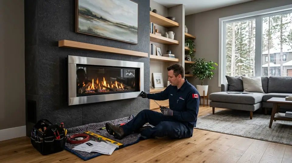 Technician performing floating fireplace installation at an Ontario home