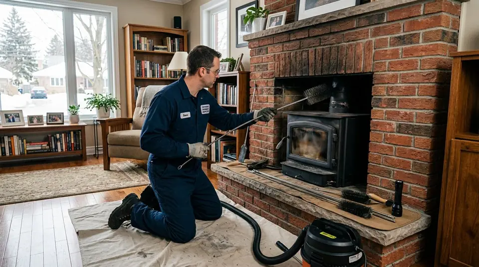 Technician performing flue cleaning at an Ontario home
