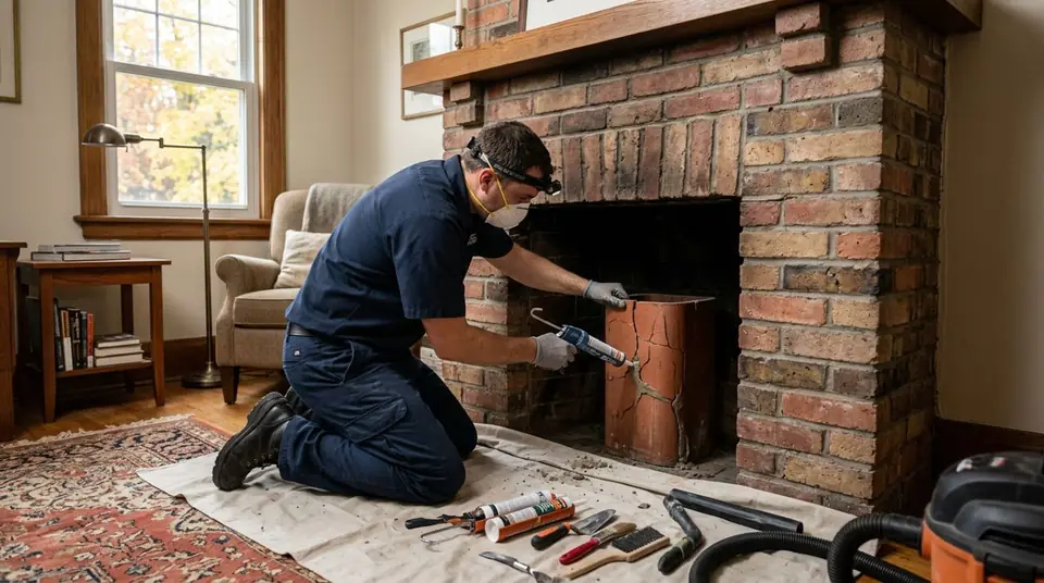 Technician performing flue tiles cracked repair at an Ontario home
