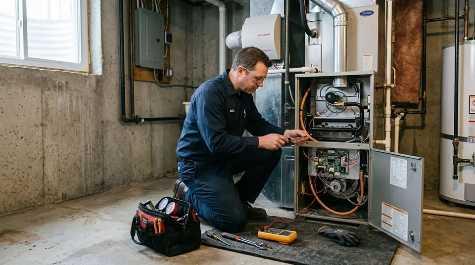 Technician performing furnace repair at an Ontario home