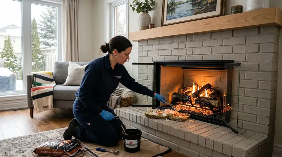 Technician performing gas fireplace embers at an Ontario home