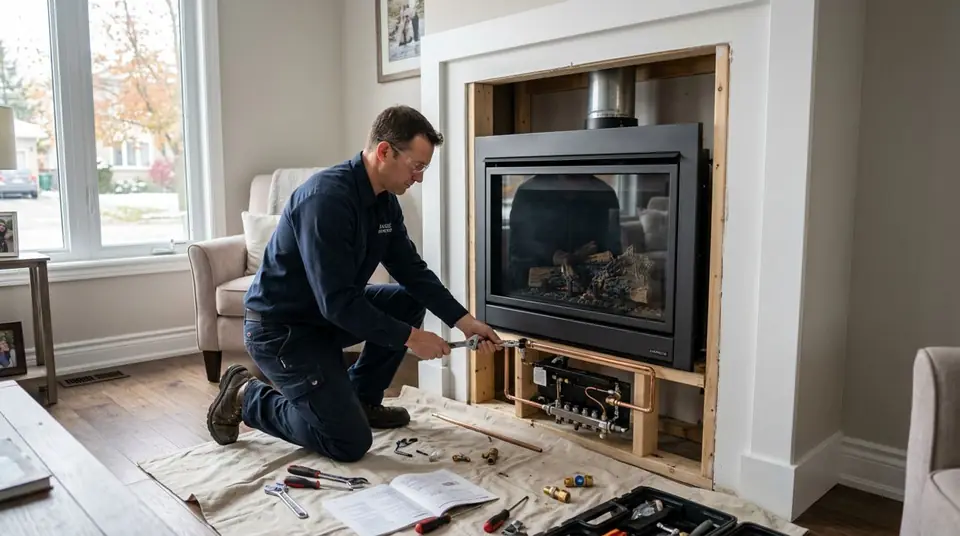 Technician performing gas fireplace installation at an Ontario home