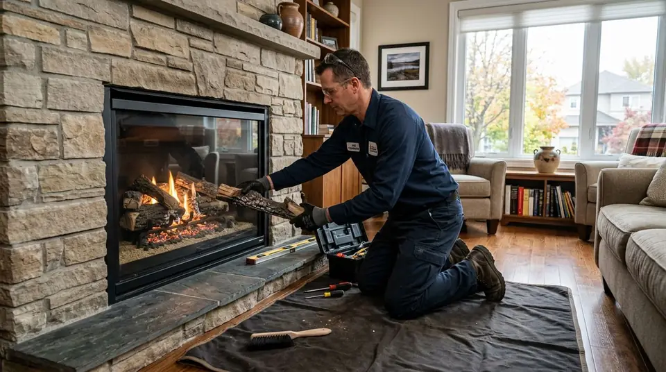 Technician performing gas fireplace logs at an Ontario home