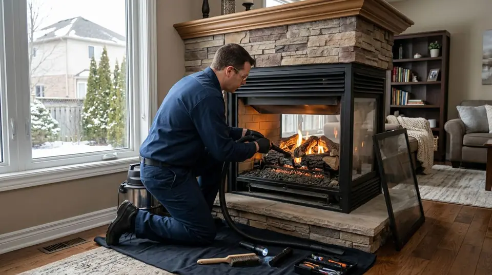 Technician performing gas fireplace maintenance at an Ontario home